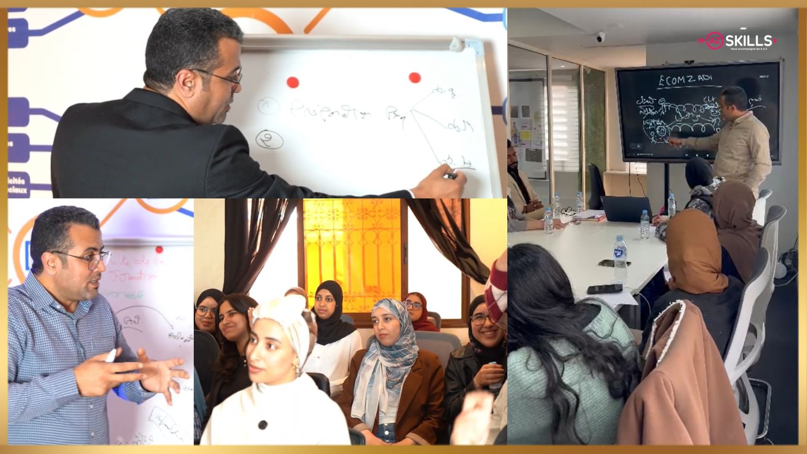 مجموعة صور من لحظات تكوينات AZ Skills مع المشاركين والمدرب